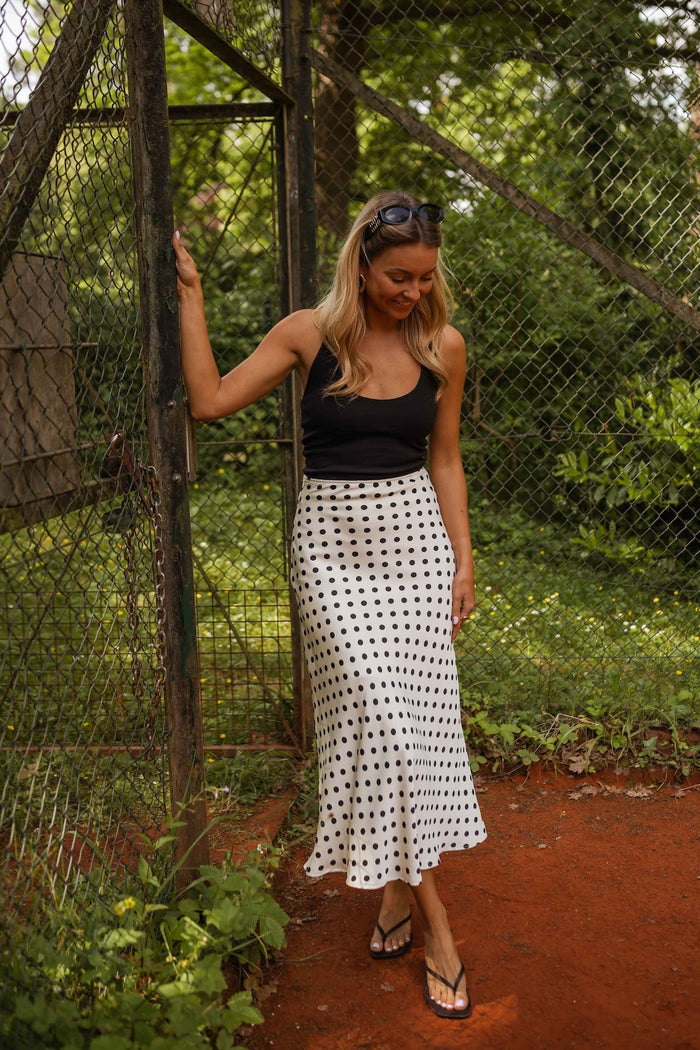 Ecru Jeanne polka dot midi skirt, front view