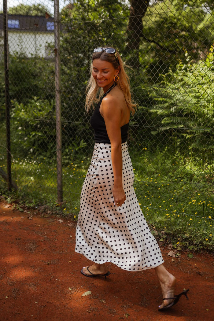 Polka dot midi skirt side view