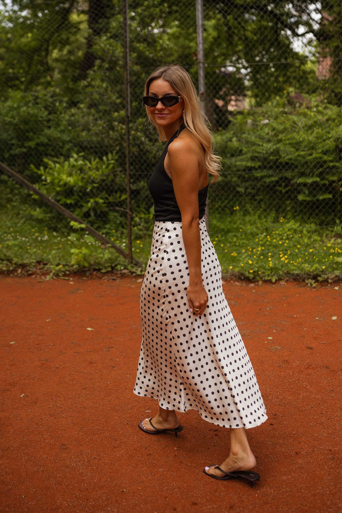 Ecru polka dot skirt back view