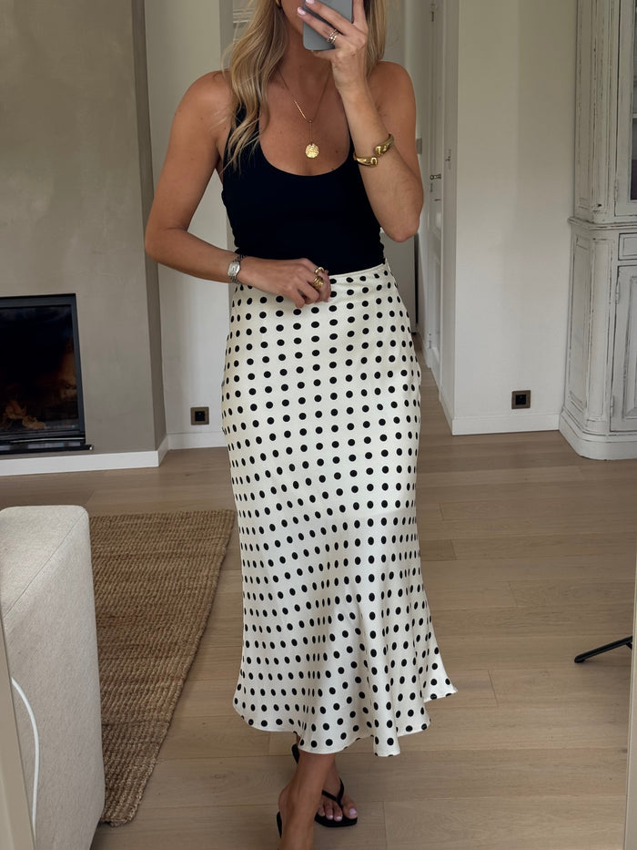 Ecru Jeanne polka dot midi skirt, full length styling
