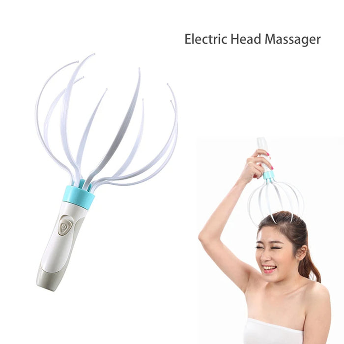 Electric scalp massager with eight flexible claw tips shown as compact USB rechargeable tool for daily personal care routine.