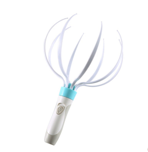 White electric scalp massager displayed with handheld body and flexible rounded claws for personal care at home or when away.