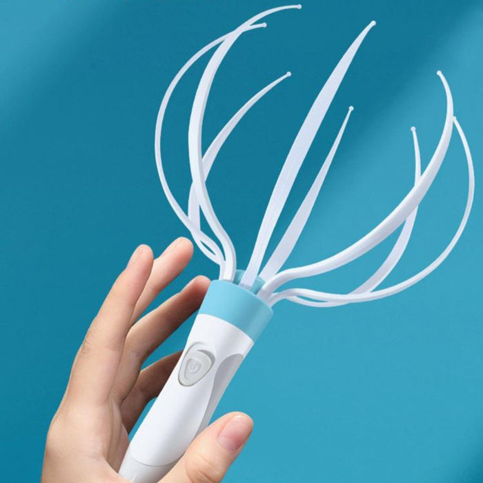 USB rechargeable scalp massager shown from above with eight flexible contact arms arranged around the compact central handle.