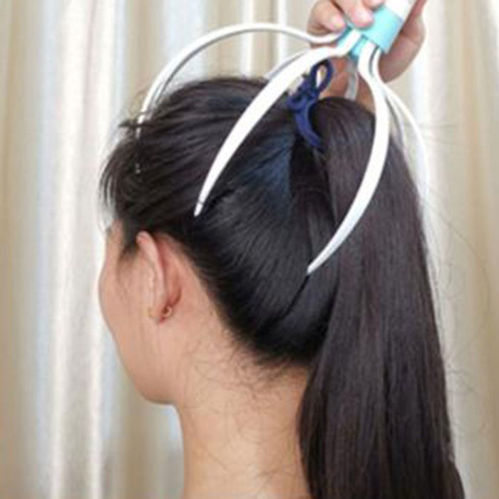 Portable electric scalp massager shown beside care item to highlight compact shape and easy storage between regular uses too.