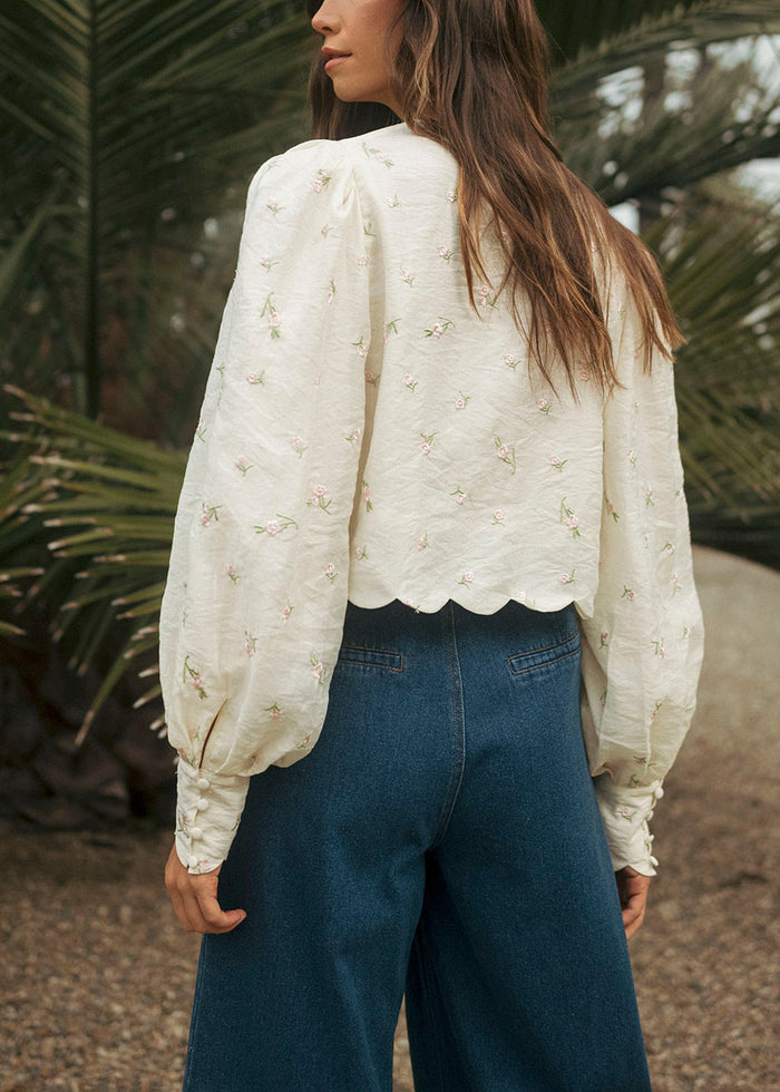 Ellen Ditzy Floral Embroidered Scallop Blouse - Butter Yellow