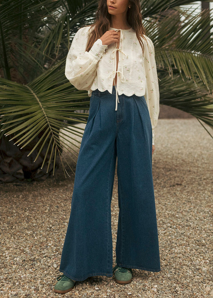 Ellen Ditzy Floral Embroidered Scallop Blouse - Butter Yellow