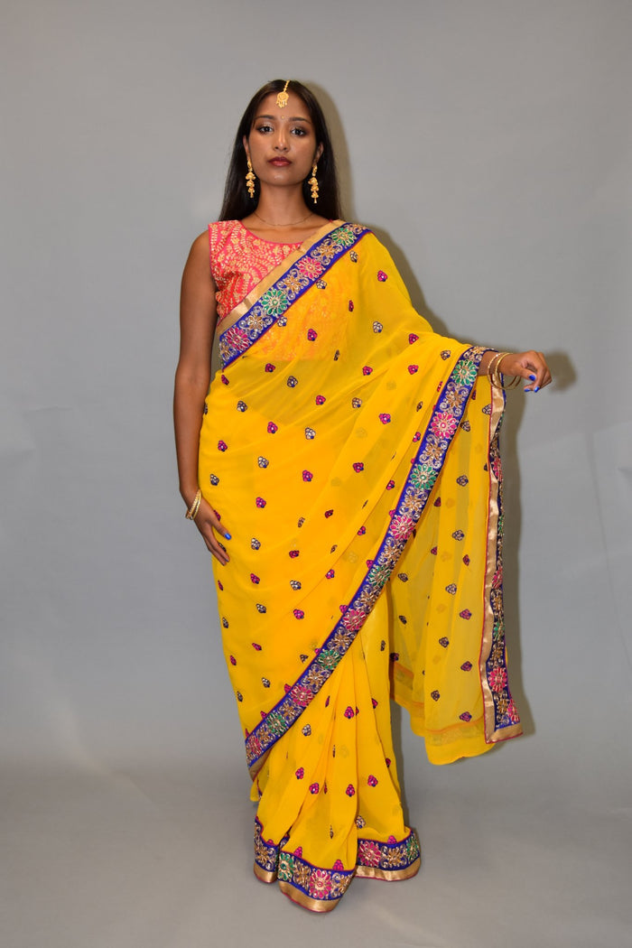 Embroidered Georgette Cyber Yellow saree
