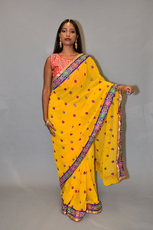 Embroidered Georgette Cyber Yellow saree