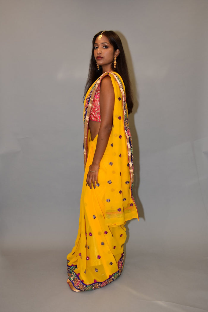 Embroidered Georgette Cyber Yellow saree