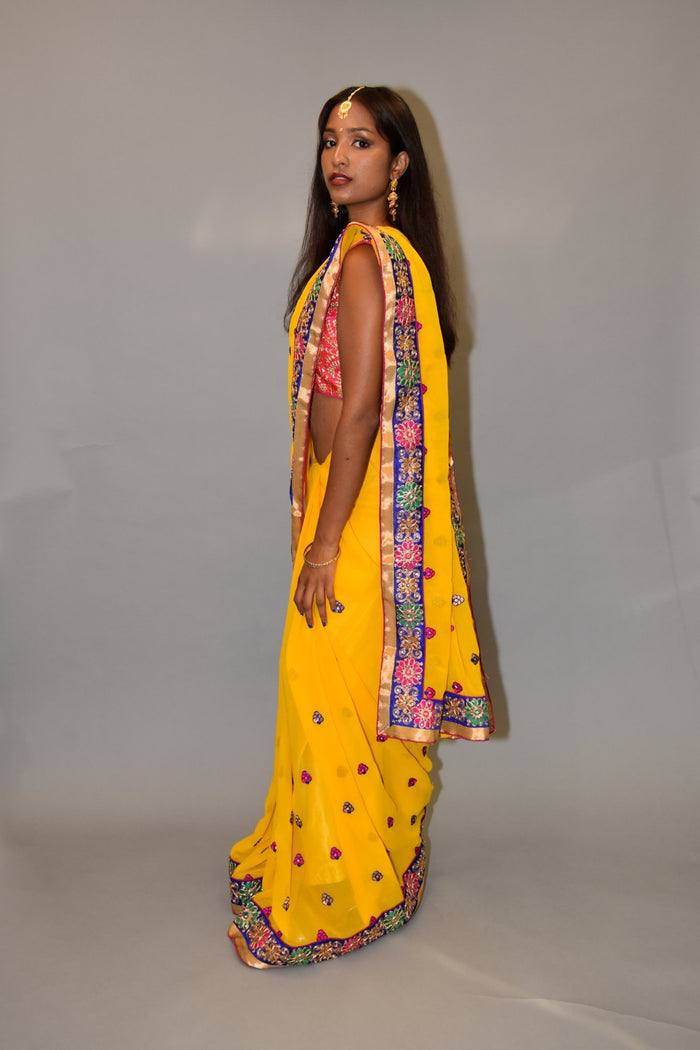 Embroidered Georgette Cyber Yellow saree