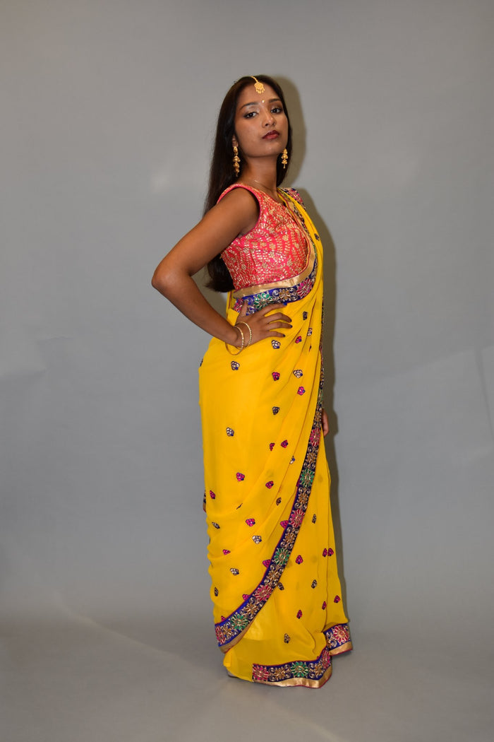 Embroidered Georgette Cyber Yellow saree