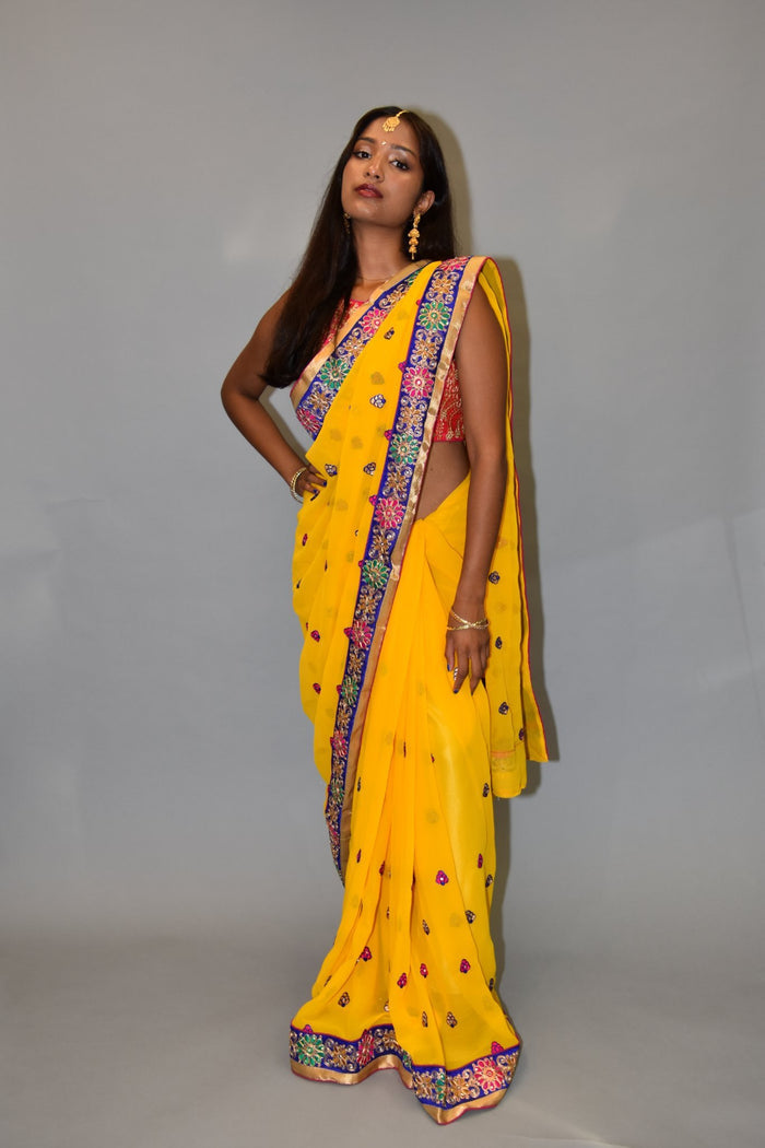 Embroidered Georgette Cyber Yellow saree