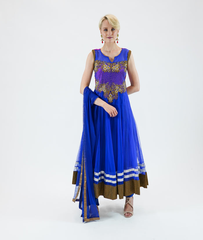 Embroidered Georgette Egyptian Blue With Golden Border Anarkali/Gown