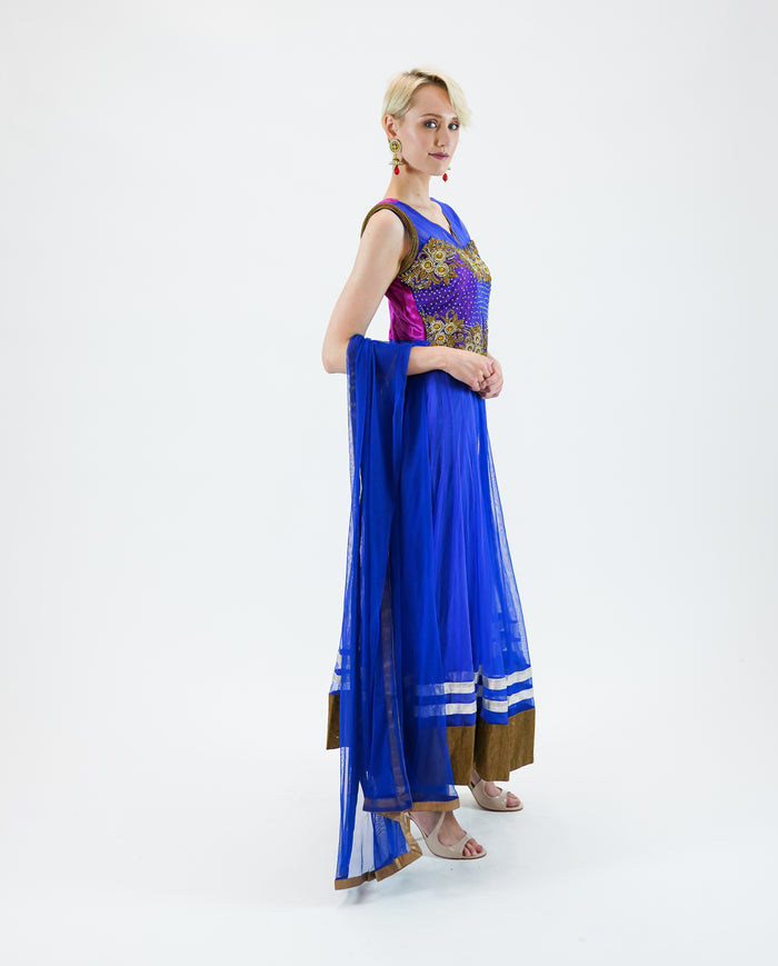 Embroidered Georgette Egyptian Blue With Golden Border Anarkali/Gown