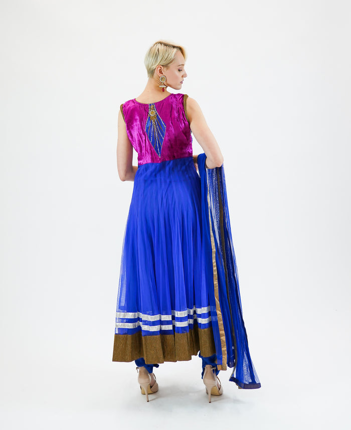 Embroidered Georgette Egyptian Blue With Golden Border Anarkali/Gown