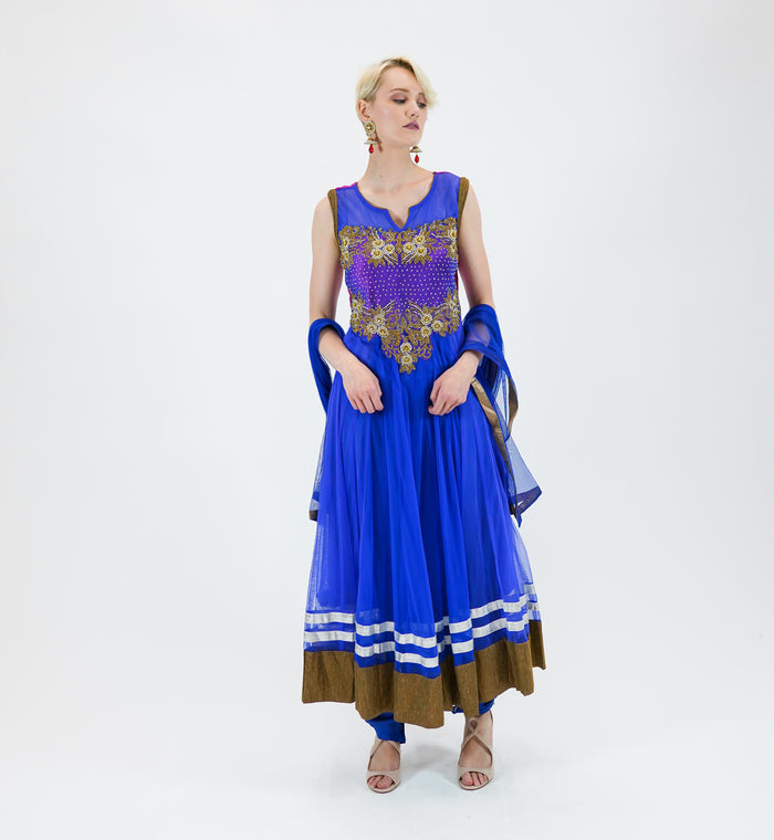 Embroidered Georgette Egyptian Blue With Golden Border Anarkali/Gown