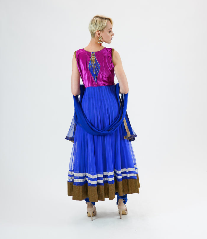 Embroidered Georgette Egyptian Blue With Golden Border Anarkali/Gown