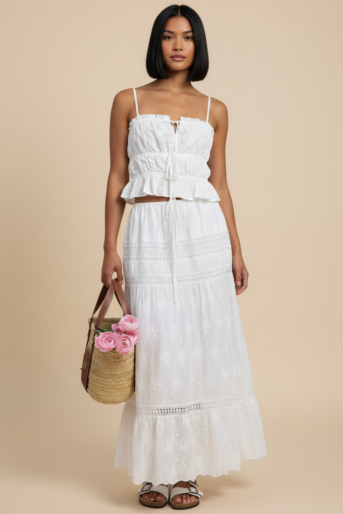 Embroidered Lace Crop Top & Maxi Skirt Set - Brown