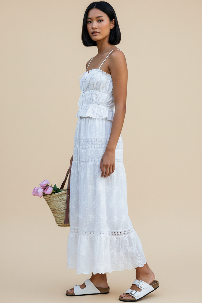Embroidered Lace Crop Top & Maxi Skirt Set - Brown