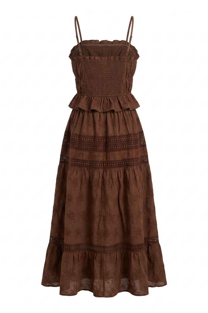 Embroidered Lace Crop Top & Maxi Skirt Set - Brown