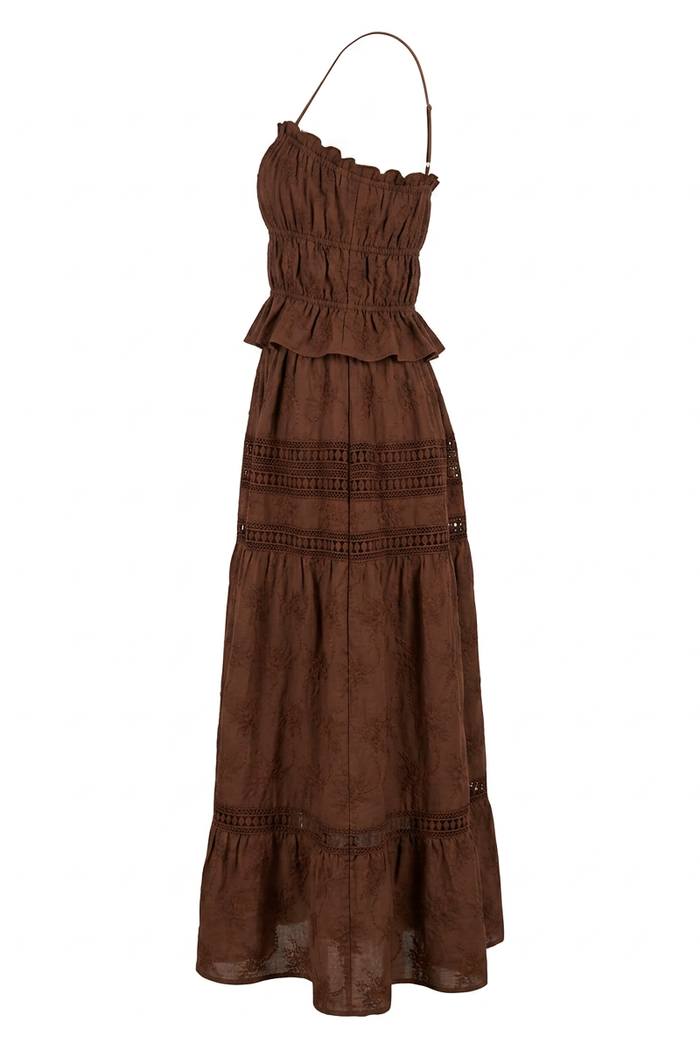 Embroidered Lace Crop Top & Maxi Skirt Set - Brown
