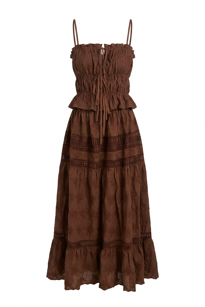 Embroidered Lace Crop Top & Maxi Skirt Set - Brown