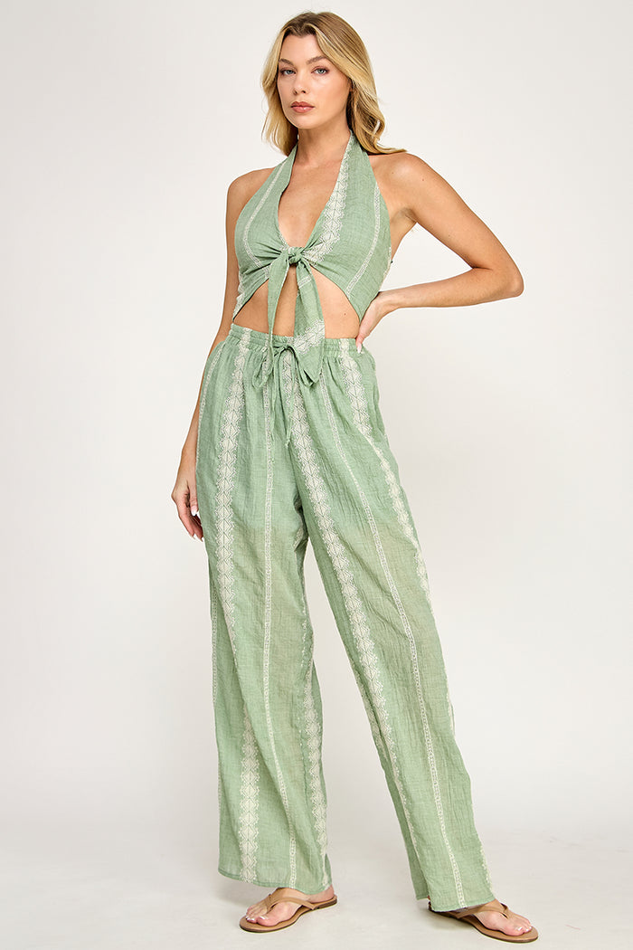 Embroidered Linen Crop Top  Wide Leg Pants Set - SALE