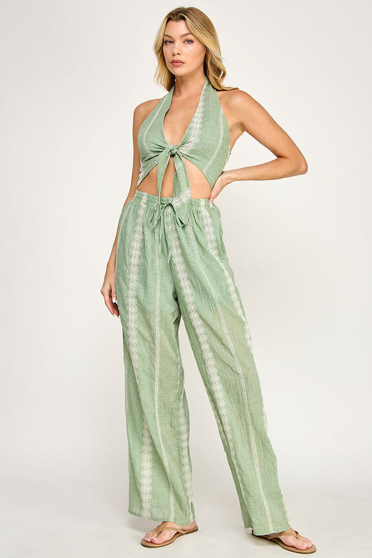 Embroidered Linen Crop Top  Wide Leg Pants Set - SALE