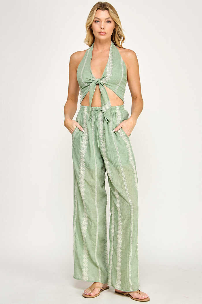 Embroidered Linen Crop Top  Wide Leg Pants Set - SALE