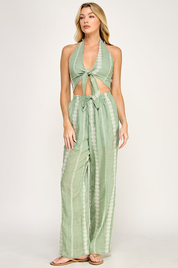 Embroidered Linen Crop Top  Wide Leg Pants Set - SALE