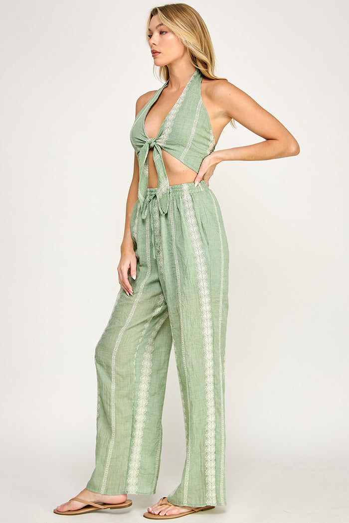 Embroidered Linen Crop Top  Wide Leg Pants Set - SALE