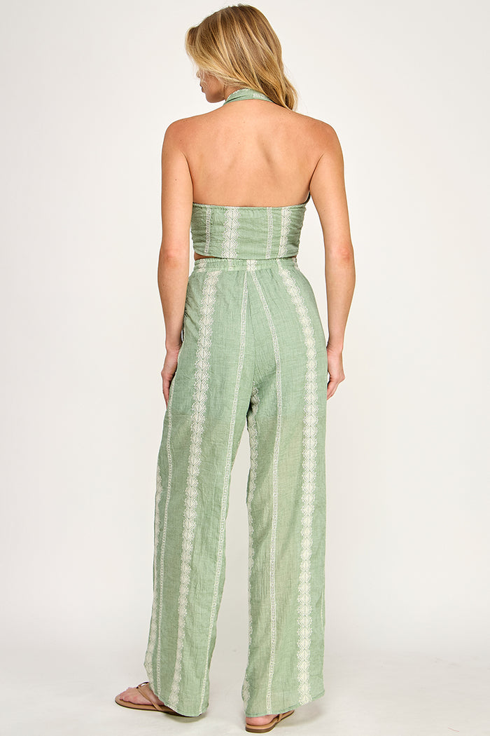 Embroidered Linen Crop Top  Wide Leg Pants Set - SALE