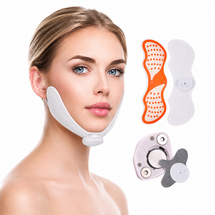 A woman wearing a white chin-supporting neck brace is shown on a white background, alongside three product components: an orange and white textured pad, a white pad, and a white and gray motorized attachment piece.