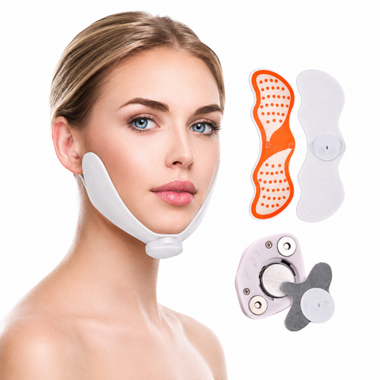 A woman wearing a white chin-supporting neck brace is shown on a white background, alongside three product components: an orange and white textured pad, a white pad, and a white and gray motorized attachment piece.