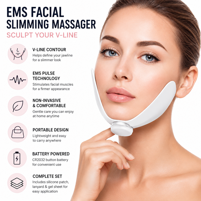 A woman demonstrates an EMS facial slimming massager on her jawline and chin. The infographic includes text and icons describing the benefits of the device, such as V-line contour, EMS pulse technology, and non-invasive comfort, on a clean white background.