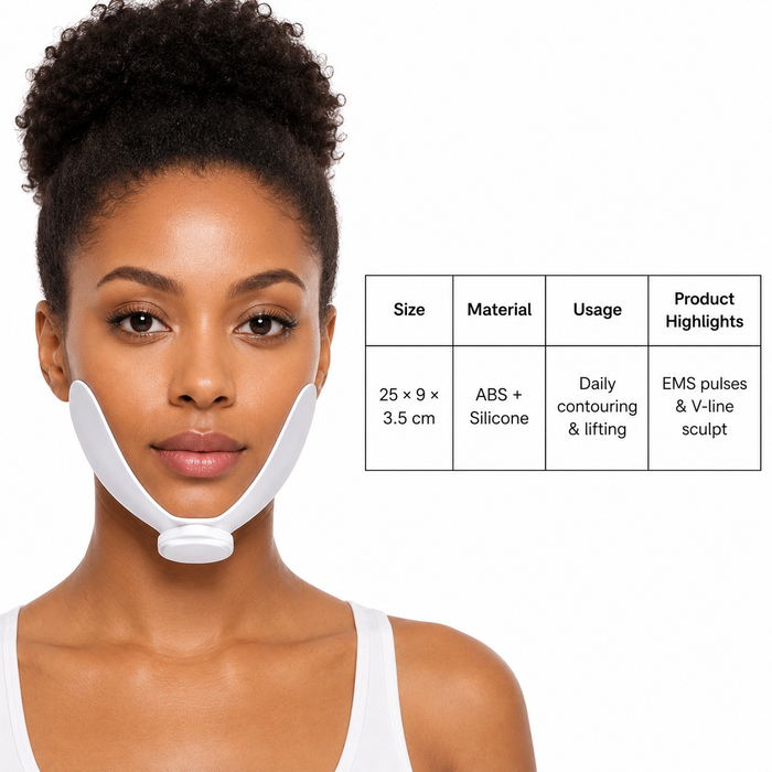 A woman wearing a white chin and jaw contouring device, shown against a plain white background with a product information table on the right detailing size, material, usage, and product highlights.