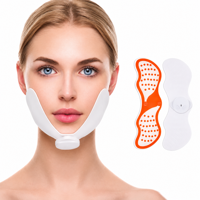 A woman wearing a white chin and jaw support device, shown against a plain white background with two additional white and orange adhesive pads displayed to the right.