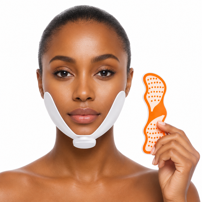 A woman with short dark hair holds an orange silicone chin support trimmer in her hand, while a white silicone chin support band is positioned on her jawline against a solid white background.