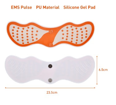 Orange and white device with text indicating 'EMS Pulse', 'PU Material', and 'Silicone Gel Pad' on a white background.