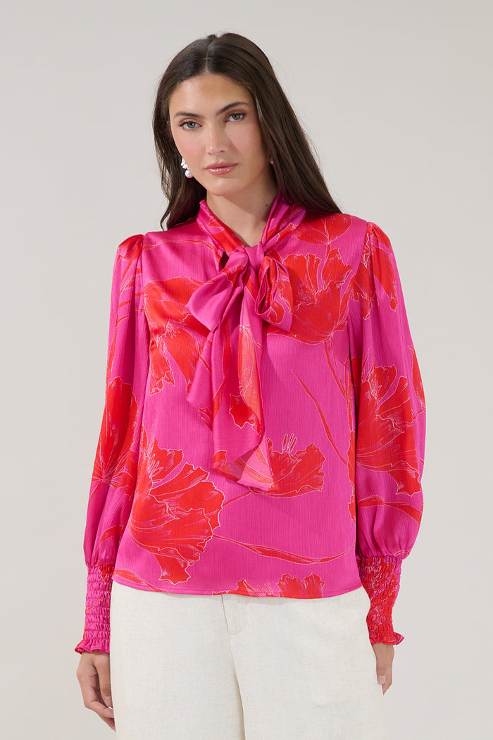 Etienne Tie Neck Long Sleeve Blouse Gleny Floral