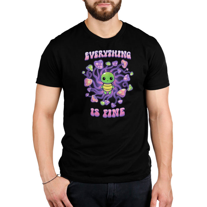 Premium Cotton T-shirt_TeeTurtle Everything is Fine black t-shirt featuring a kawaii green turtle standing in the center of a swirl of psychadelic mushrooms with the text "EVERYTHING IS FINE" which is written above and below the turtle in a purple and pink bubble font. The turtle shows no anxiety.