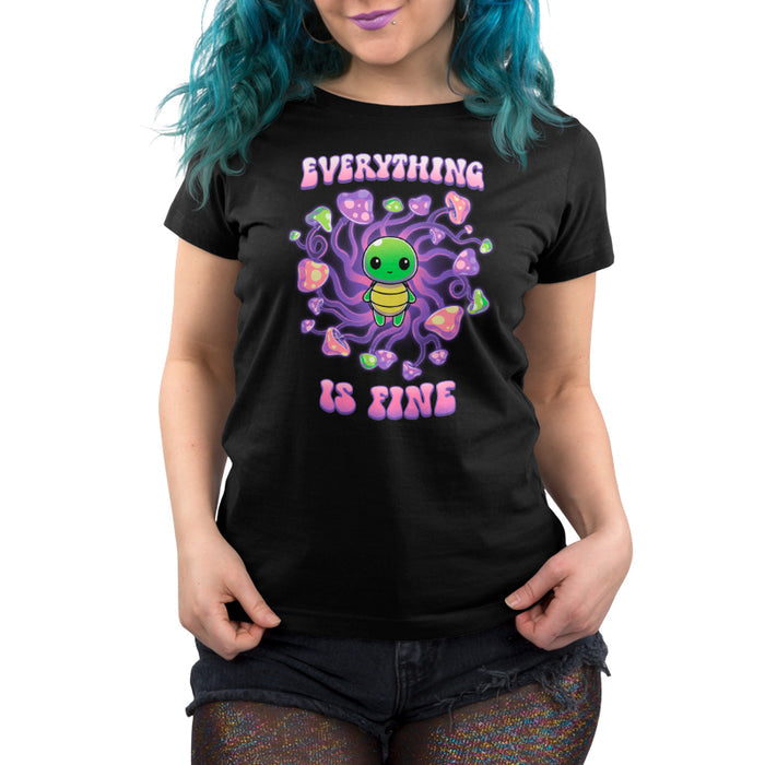 Premium Cotton T-shirt_TeeTurtle Everything is Fine black t-shirt featuring a kawaii green turtle standing in the center of a swirl of psychadelic mushrooms with the text "EVERYTHING IS FINE" which is written above and below the turtle in a purple and pink bubble font. The turtle shows no anxiety.