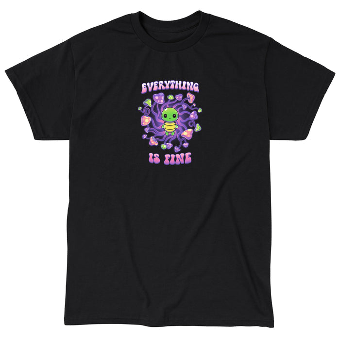 Classic Cotton T-shirt_TeeTurtle Everything is Fine black t-shirt featuring a kawaii green turtle standing in the center of a swirl of psychadelic mushrooms with the text "EVERYTHING IS FINE" which is written above and below the turtle in a purple and pink bubble font. The turtle shows no anxiety.