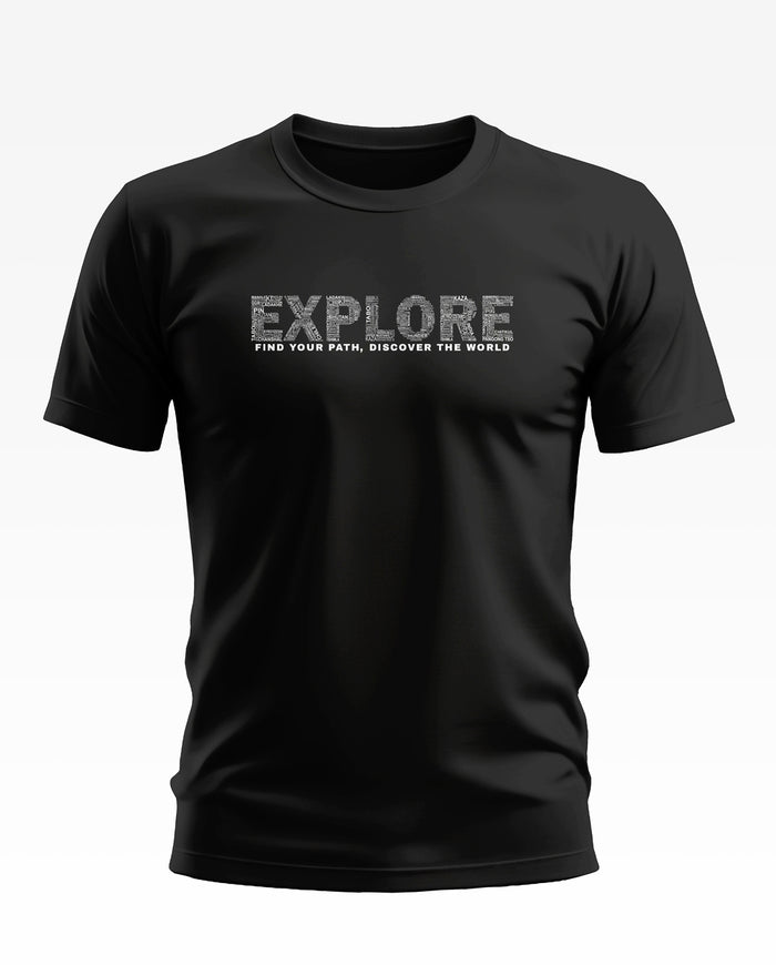 Black cotton t-shirt with 'EXPLORE, Find Your Path, Discover The World' text graphic on chest