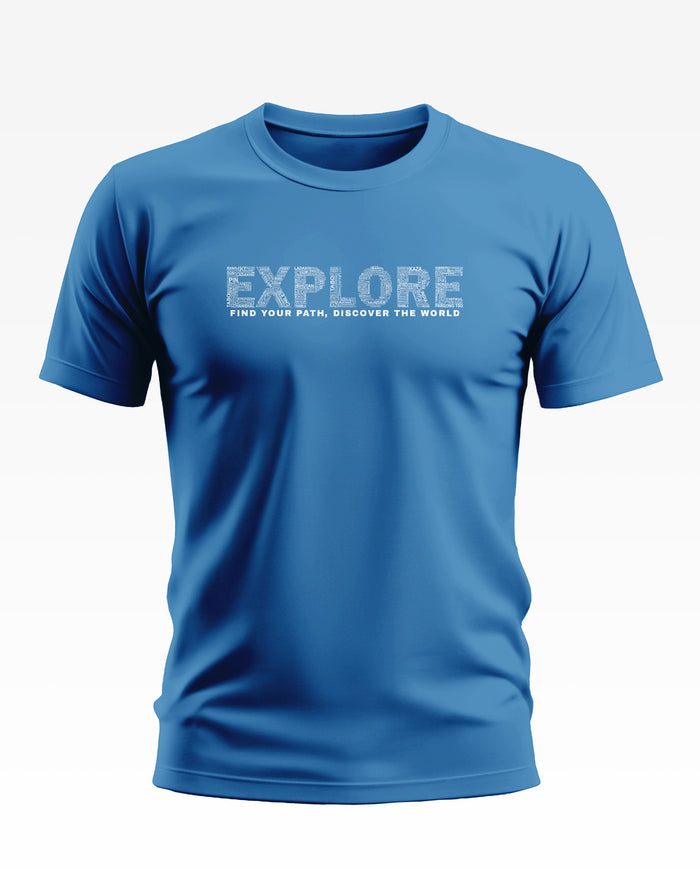 Blue men's t-shirt with 'EXPLORE' and 'Find your path, discover the world' text on front