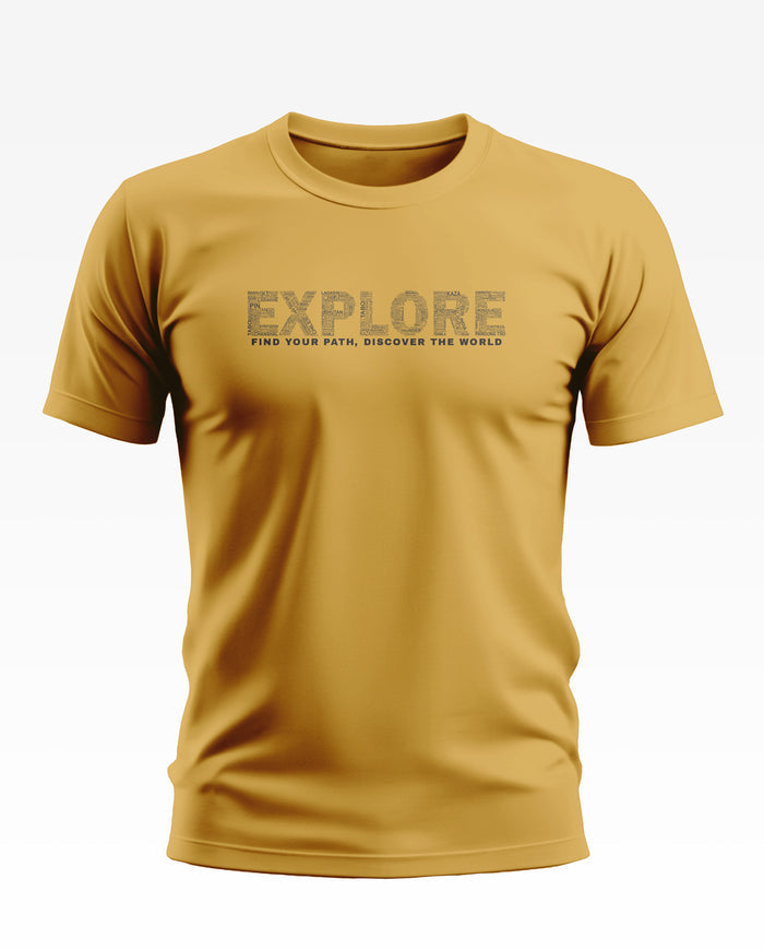 Yellow men's t-shirt with 'EXPLORE Find Your Path, Discover the World' text graphic on chest
