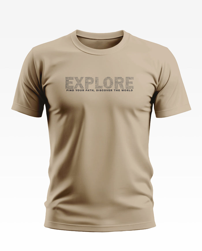Beige men's t-shirt with 'EXPLORE' and adventure slogan printed on front, short sleeves.
