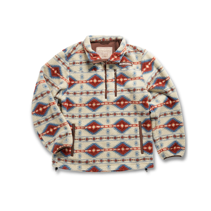 Patterned pullover with a visible brand logo on a white background