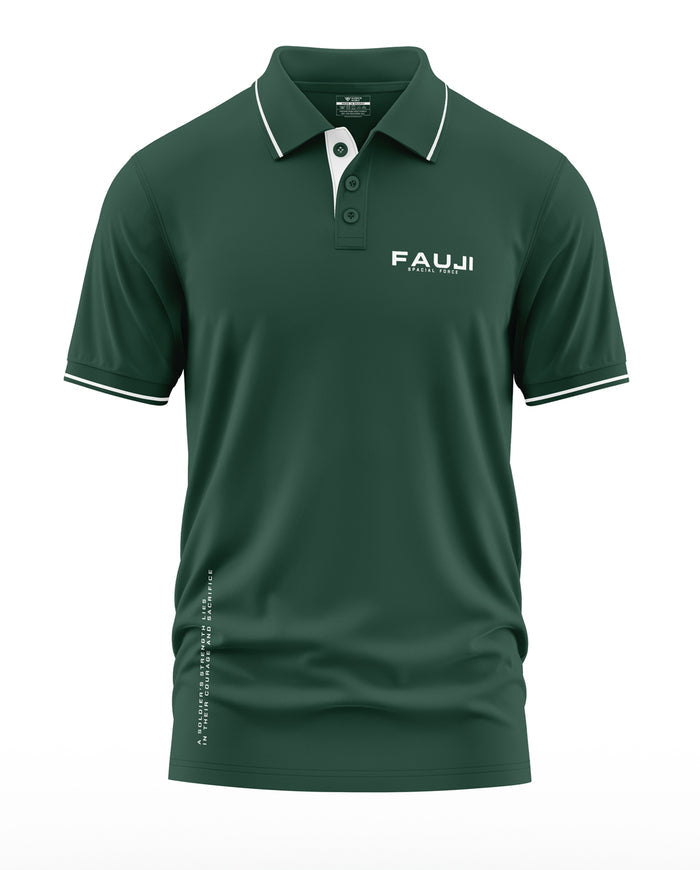 Green polo t-shirt with FAUJI Special Force text, white collar trim and sleeve accents, men's fashion.