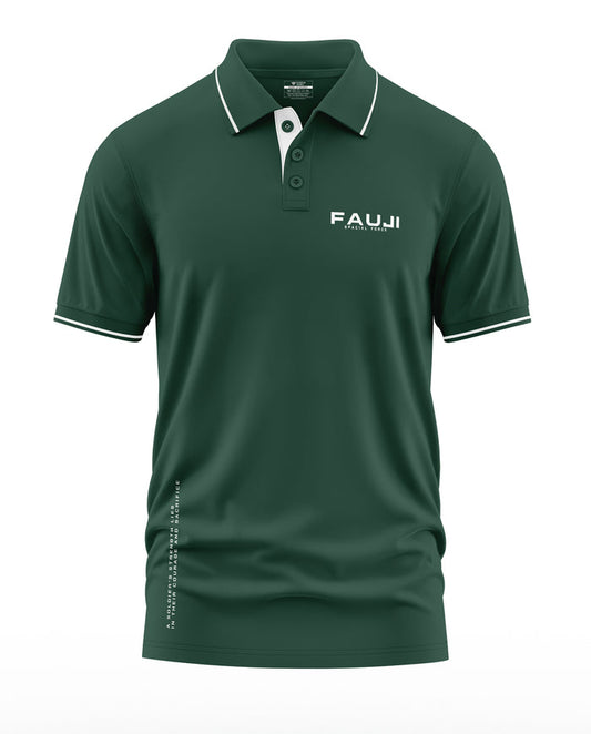 Green polo t-shirt with FAUJI Special Force text, white collar trim and sleeve accents, men's fashion.